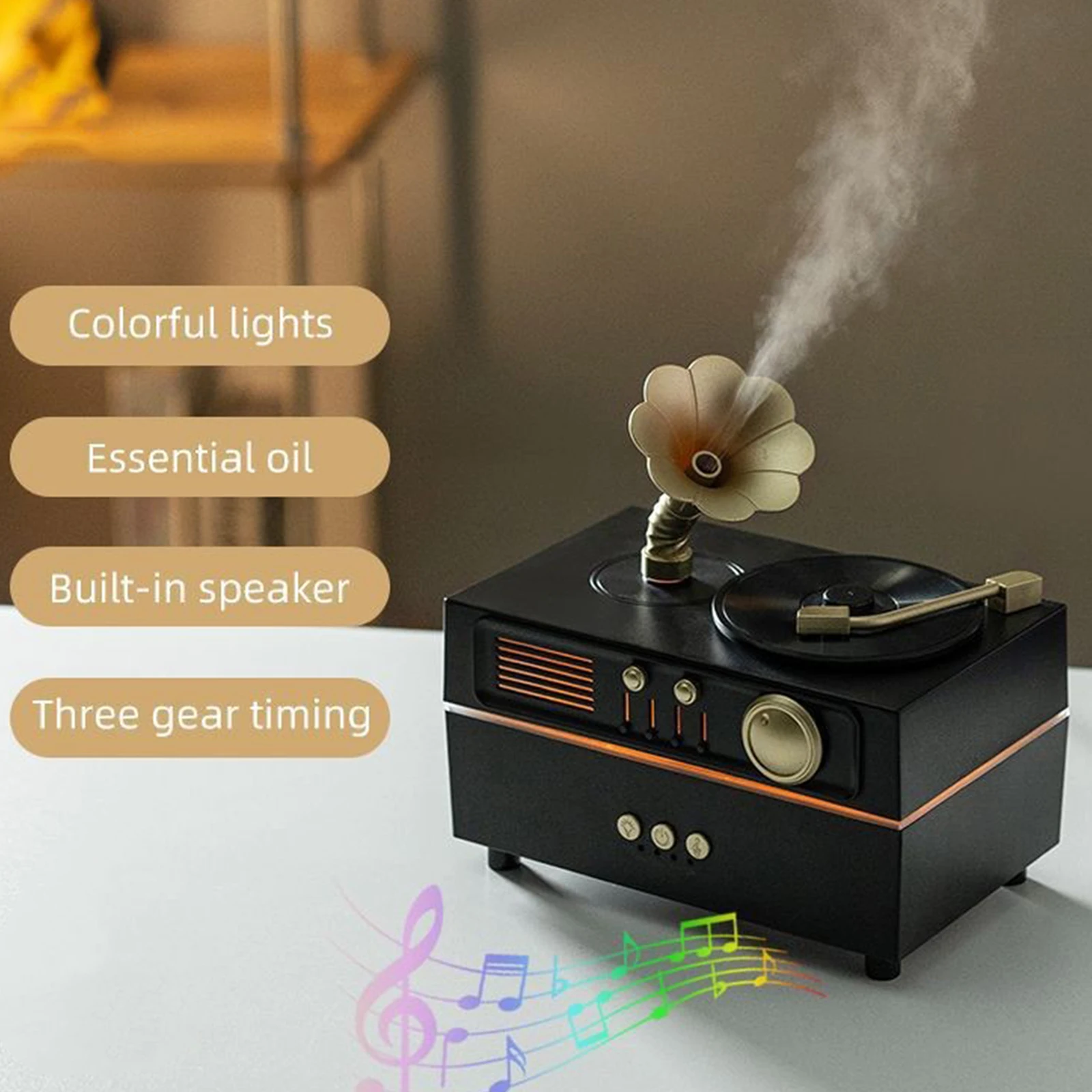 레트로 레코드 플레이어 에센셜 오일 디퓨저 BT 쿨 미스트 가습기 USB 충전 타이머 포함, 방, 사무실 및 체육관에 적합