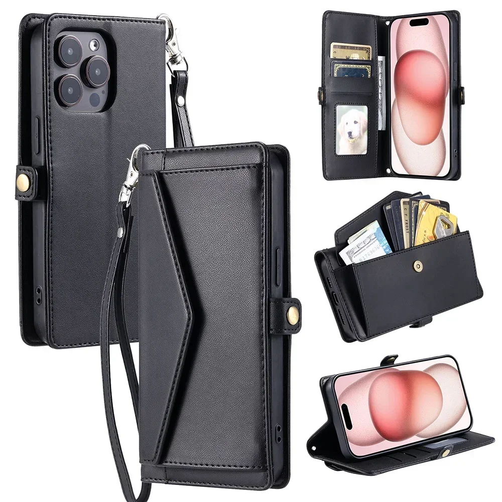 Versatile Multi Card Slots Wallet Case with Strap and Cash Pocket, Flip Cover Design