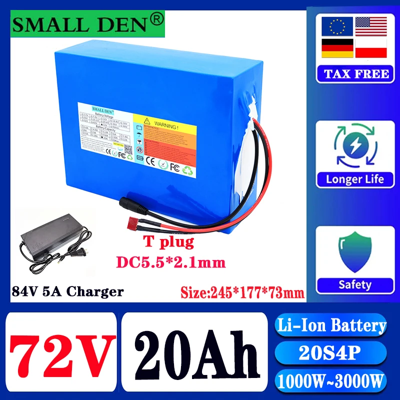 

72V 20Ah 21700 lithium battery pack 20S4P 84V electric bicycle scooter motorcycle 1000W~3000W high-power battery+5A charger