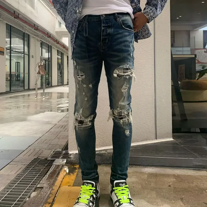 

High Street Fashion Men Jeans Retro Washed Blue Stretch Skinny Fit Ripped Jeans Men Plaid Patched Designer Hip Hop Brand Pants