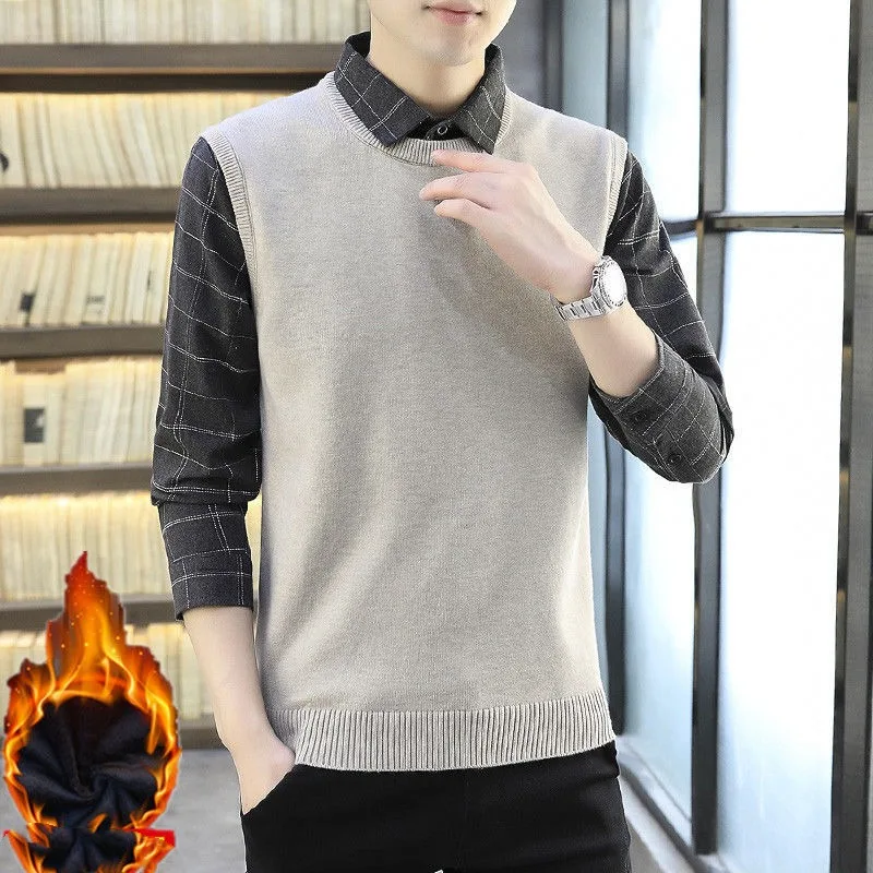 Men's Autumn Winter Pullover Turn-down Collar Button Patchwork Striped Flocking Plaid Long Sleeve Shirt Casual Formal Tops