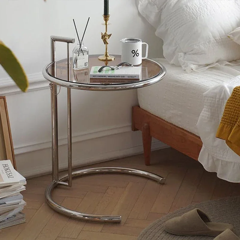 Stainless Steel Craft Popular Ins Lift Round Side Table Small Tea Table Living Room Transparent Tempered Glass Coffee Table