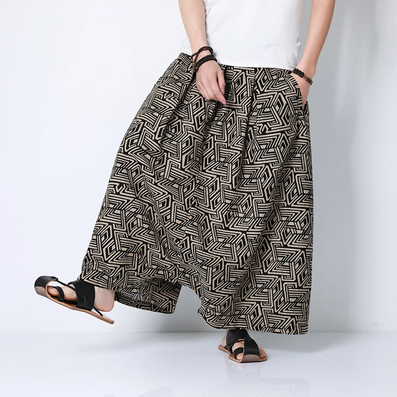 

New Printed Men's Chinese Retro Style Tang Dress Hanfu Loose Wide-leg Pants Men's Summer Casual Haren Pants Culottes