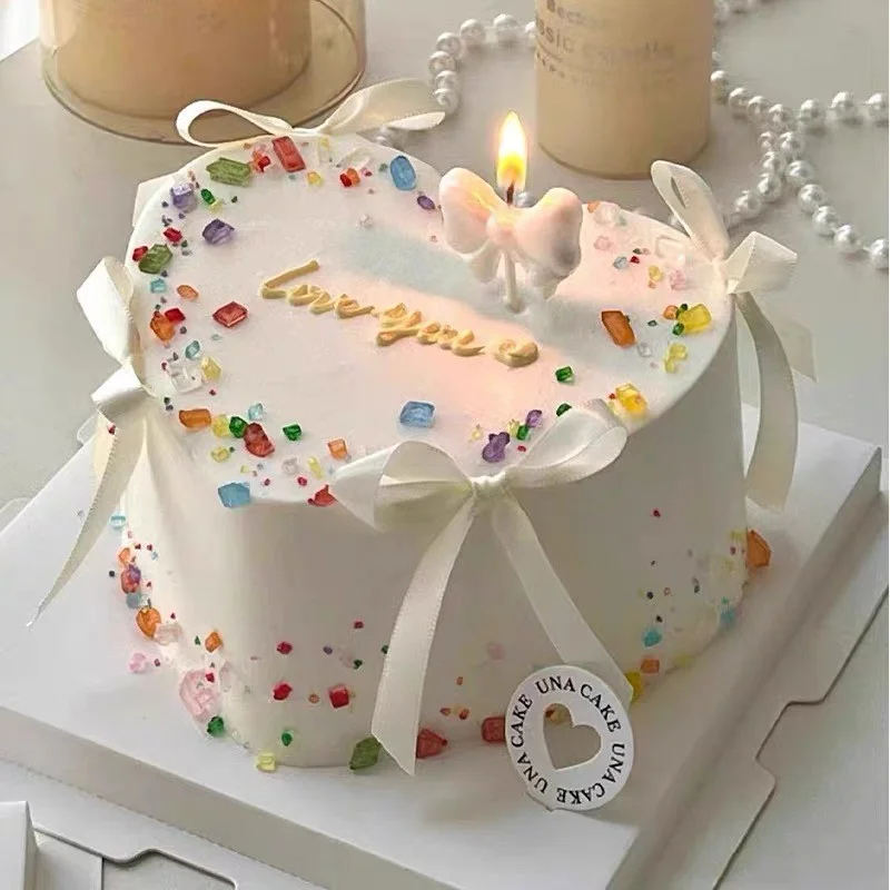 Pink Silver Bow Happy Birthday cake CandleCute Creative Princess Party Cake Decoration Girl Birthday Decoration