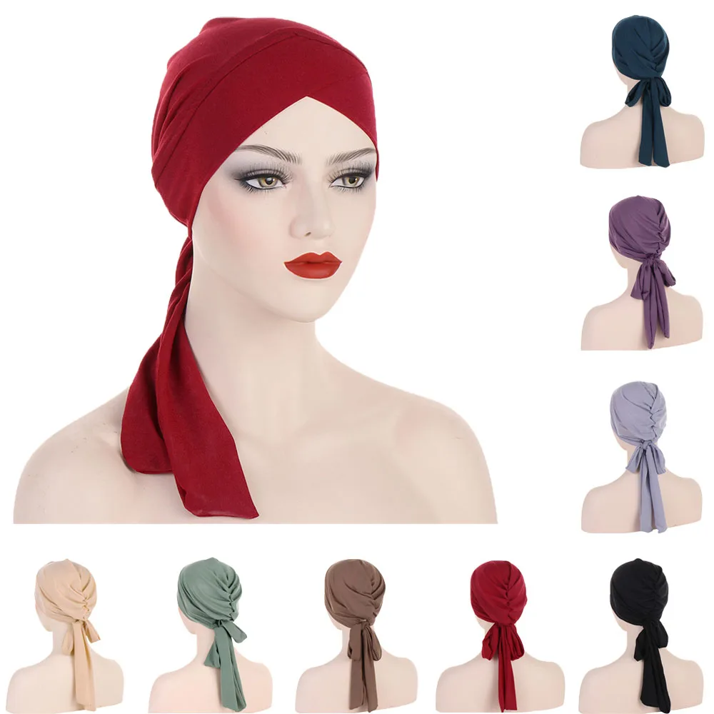 

Women Stylish Long Tail Pre-Tied Turban Chemo Cap Solid Color Muslim Hijab Inner Cap Beanies Bonnet Headscarf Hat Headwrap Caps