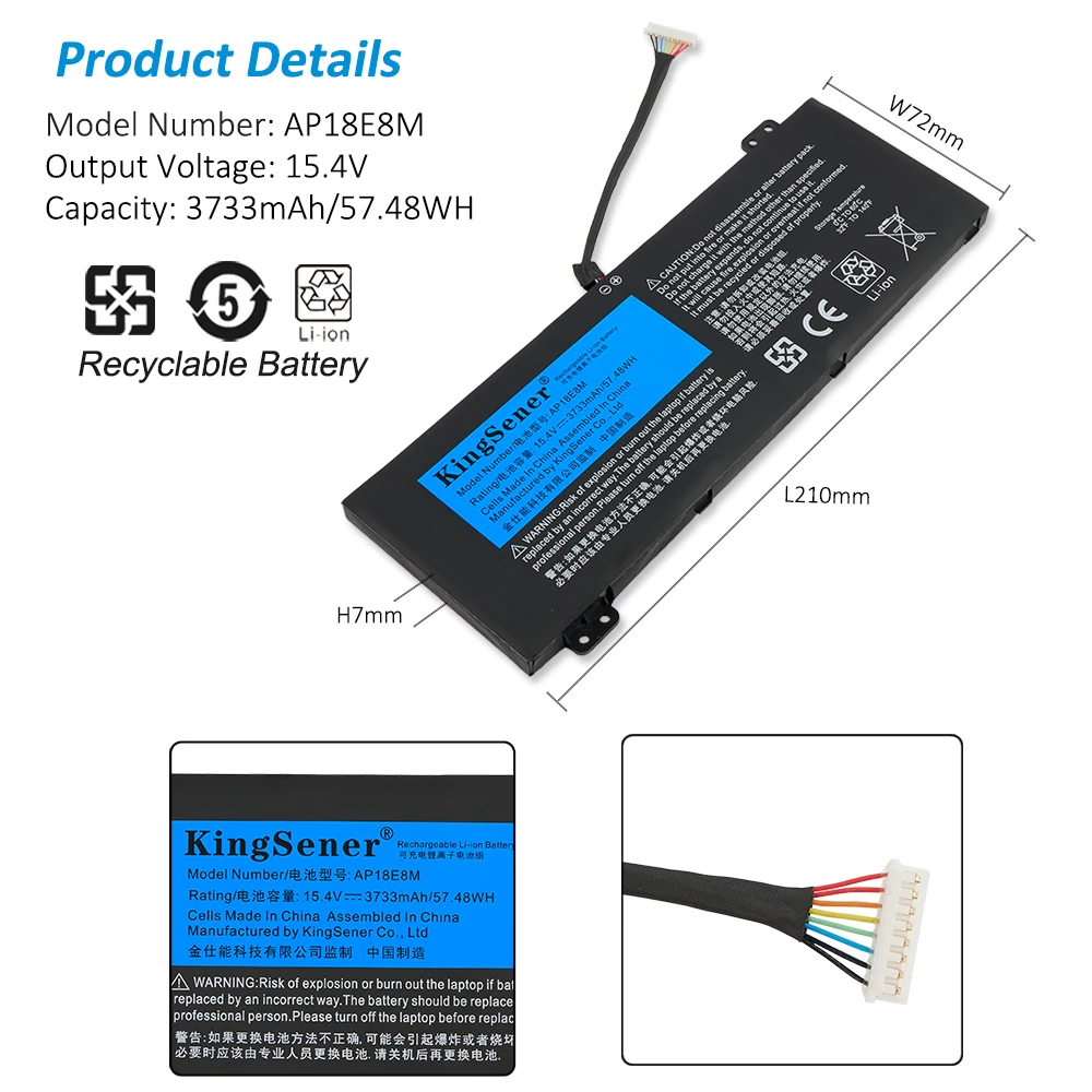 Bateria Portátil para Acer Nitro An51554 An515-55 An517-51 An715-51 Aspire A71574 A715-74g Series Ap18e7m Kingsener-ap18e8m - Imagem 5