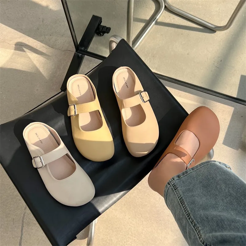 

Мюли женские кожаные, дизайнерские шлепанцы, круглый носок, сланцы, Пляжная удобная обувь на плоской подошве, лето 2023