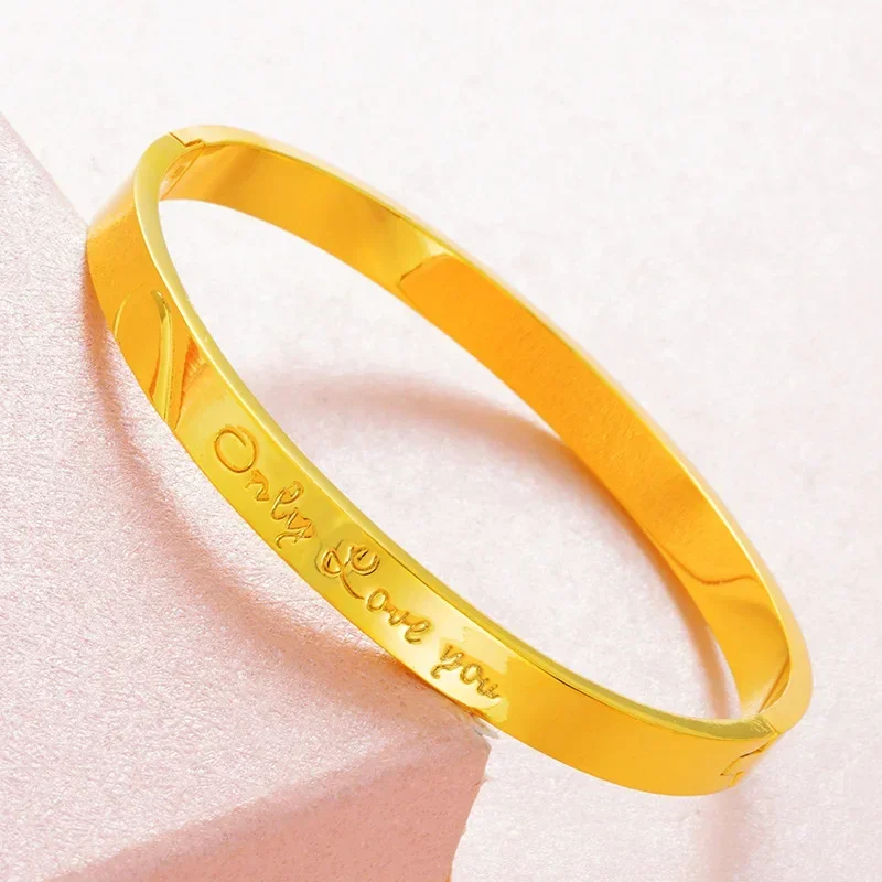 

Fashion Imitation Gold 100% 24K Bracelet Carved English Love Snap Bangle Women's Wedding Jewelry For Women Valentine's Day Gifts