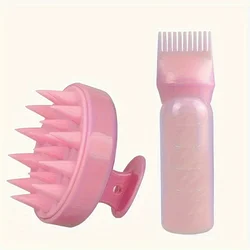 Silicone Hair Comb & Applicator Bottle Set with Shampoo Brush (Pink set)