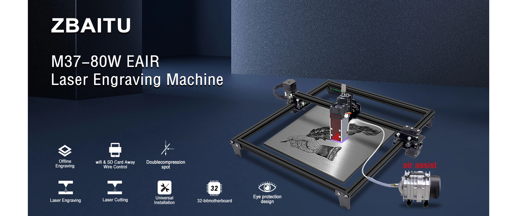 horizontal boring machine wood ZBAITU NEW Air-assisted FF80-EAIR Laser Module Head for CNC Laser Engraving Cutting Machine Efficient Wood Tools Stainless Steel router bits for wood