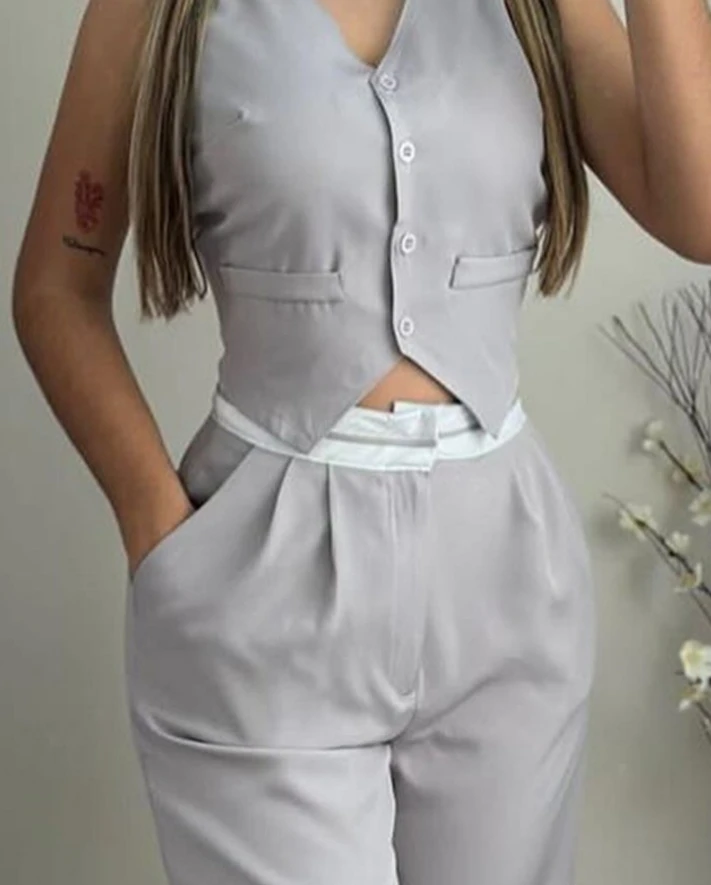 Women's Urban Style Suits 2024 Spring Summer Latest V-Neck Button Sleeveless Vest Top&pocket Design Daily Commuting Pants Set