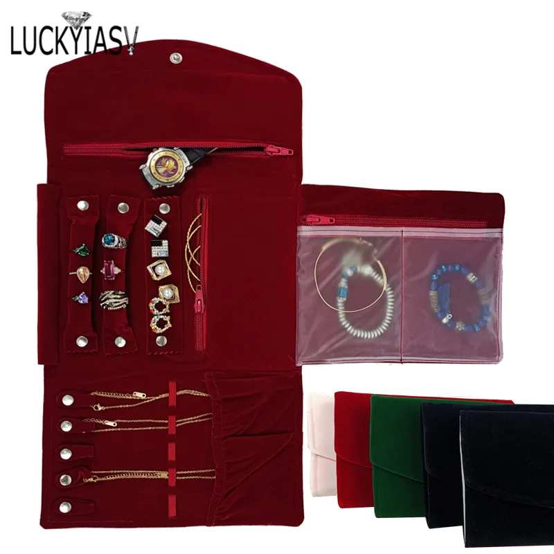 Burgundy Portable Travel Jewelry Organizer Roll Foldable Jewelry Case for Journey-Rings Necklaces Jewerly Storage Velvet Bag