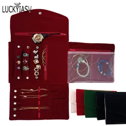 Burgundy Portable Travel Jewelry Organizer Roll Foldable Jewelry Case for Journey-Rings Necklaces Jewerly Storage Velvet Bag