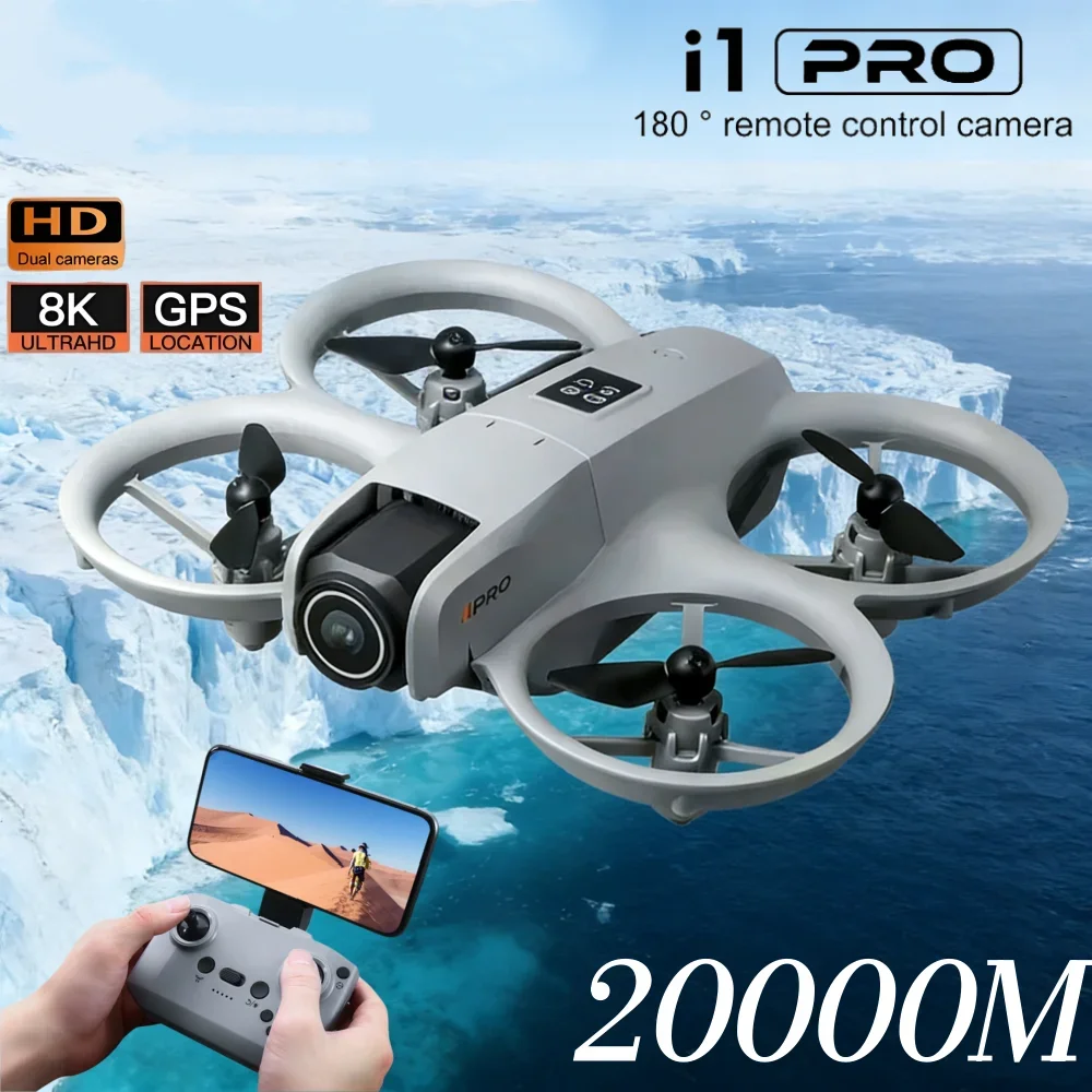 Drone professionnel 8K avec double batterie et lunettes VR, prêt à voler dans un ciel bleu.