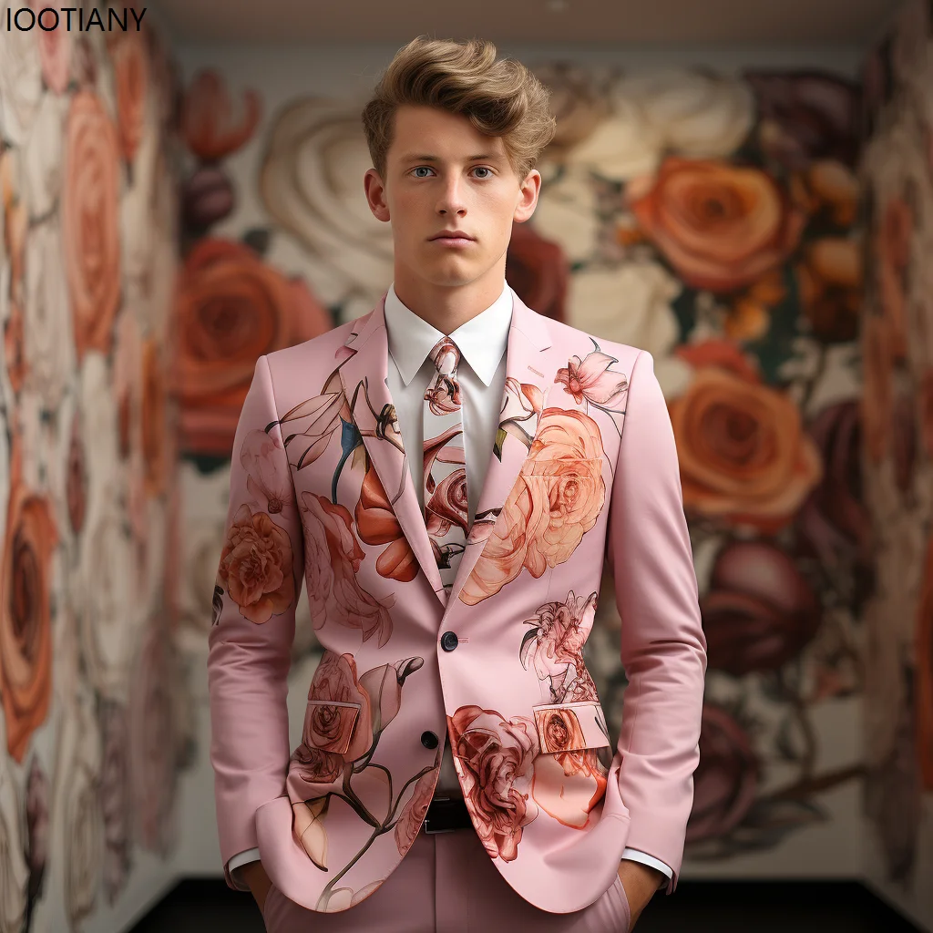 Men Blazer Colorful Flower Pattern Floral Elements 3D Printing Suit Jacket Business Casual Carnival Party