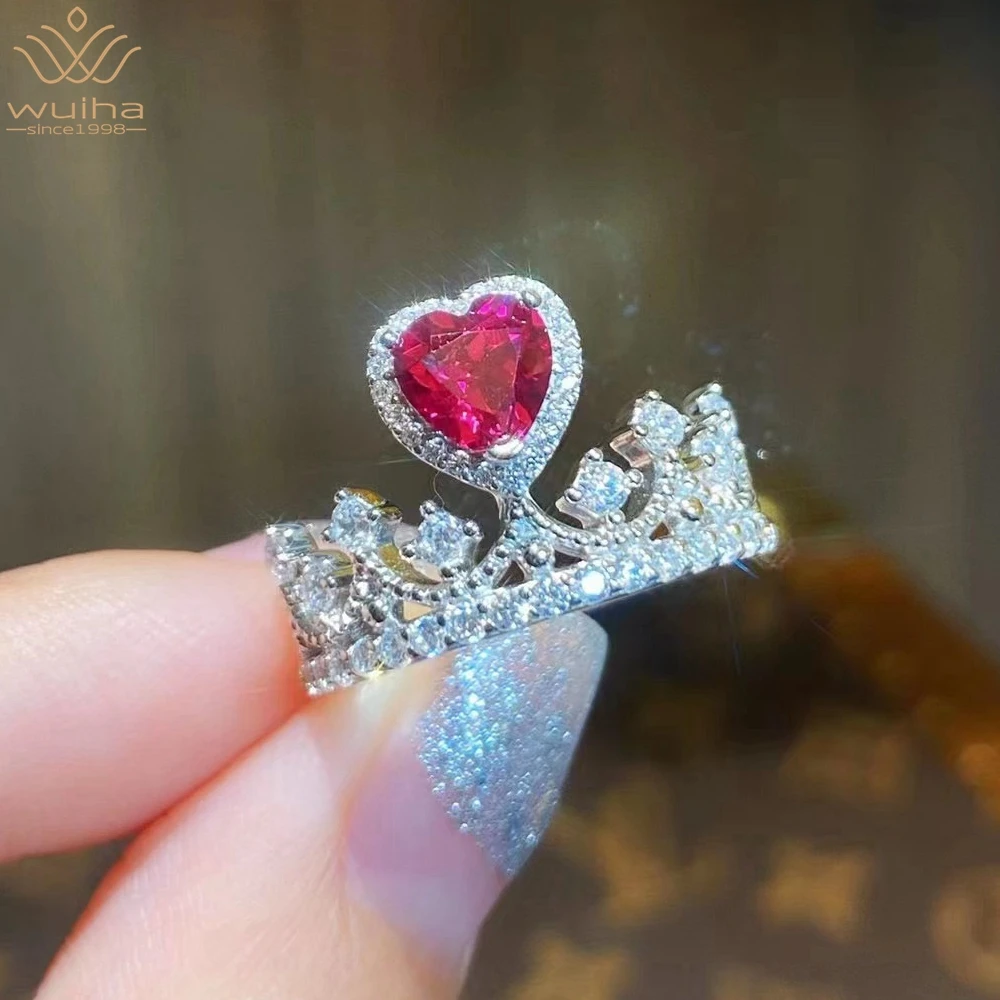 Wuiha Real 925 Sterling Silver Heart Cut 6.5Mm Ruby Fancy Vivid Red Sapphire Anniversary Crown Ring Per Le Donne Gift Drop Shipping