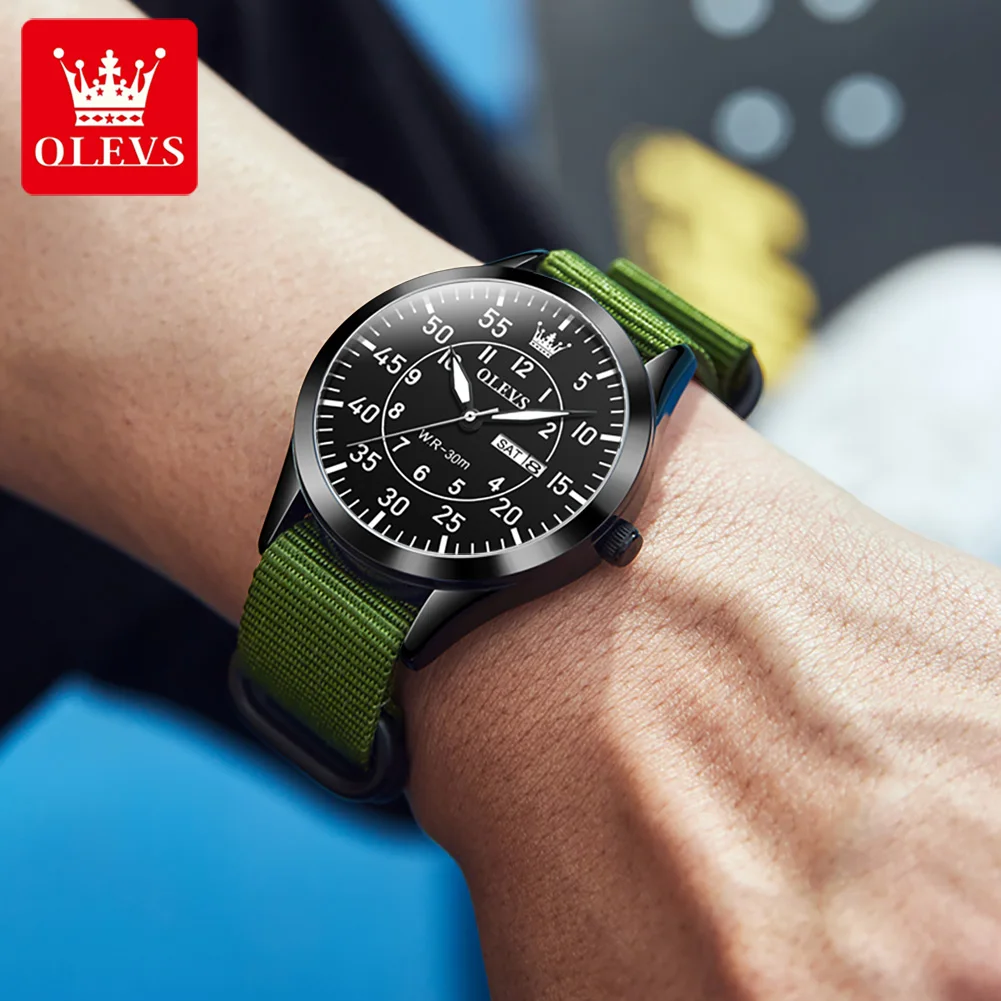 OLEVS Fashion Quartz Watch for Men Nylon Strap Men's Watch Waterproof Luminous Dual Calendar Simple Dial Wristwatch Reloj Hombre