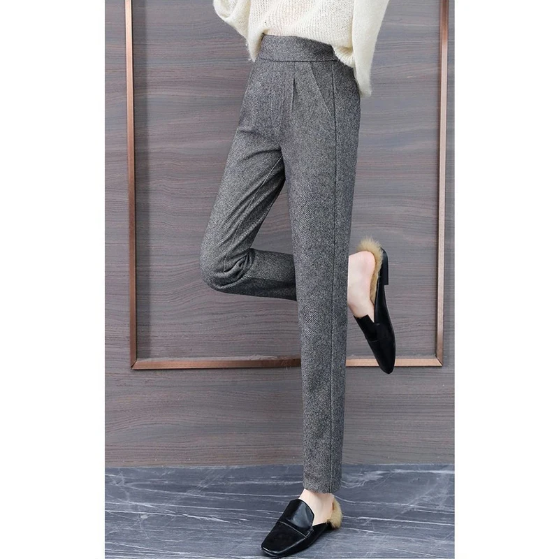 2023Winter Women Korean Fashion Woolen Elegant Pencil Pants Female Casual Solid Plush Thick Trousers High Waist Harem Pantalones