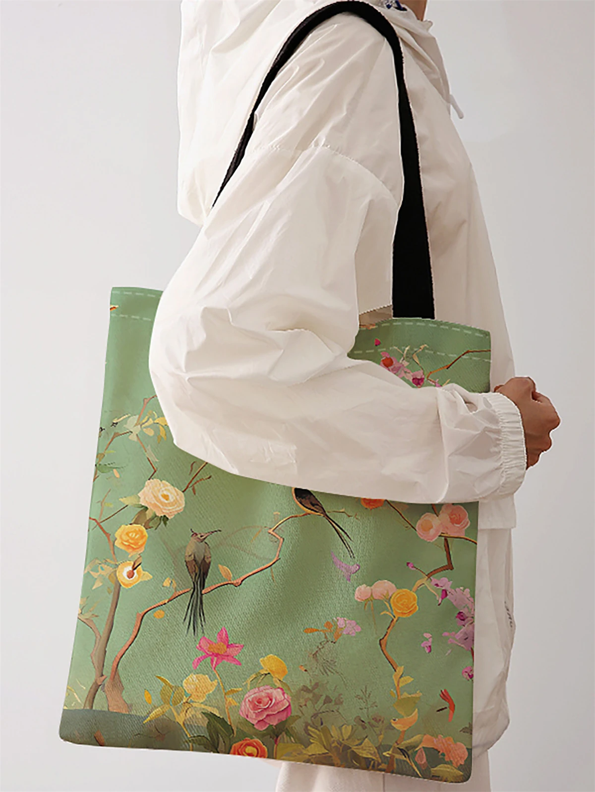 Flower and bird pattern printed casual handbag, reusable fashionable backpack, multifunctional handbag, canvas shopping bag