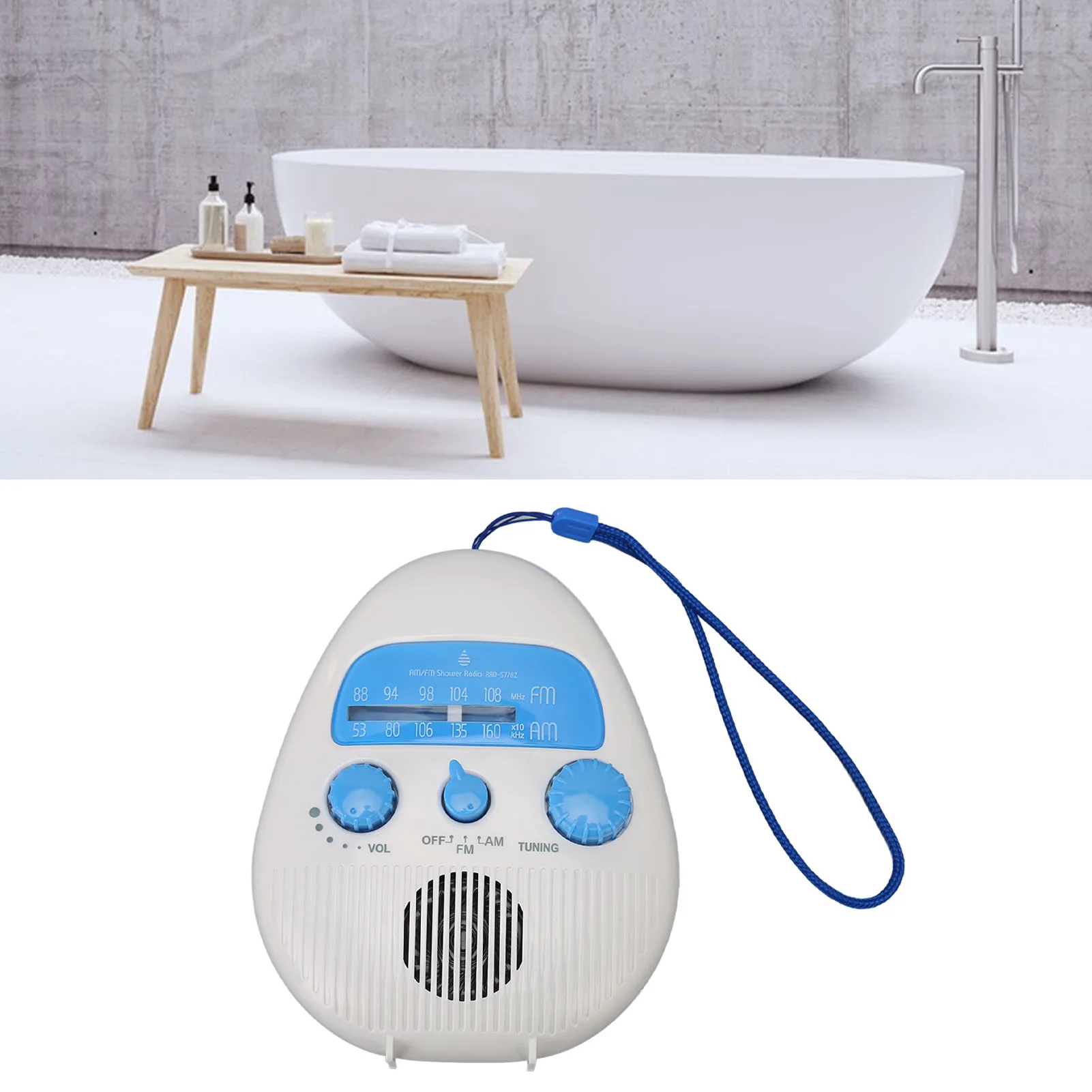 Waterproof Portable Shower Radio with Built-in Speaker, AM/FM, Battery Operated