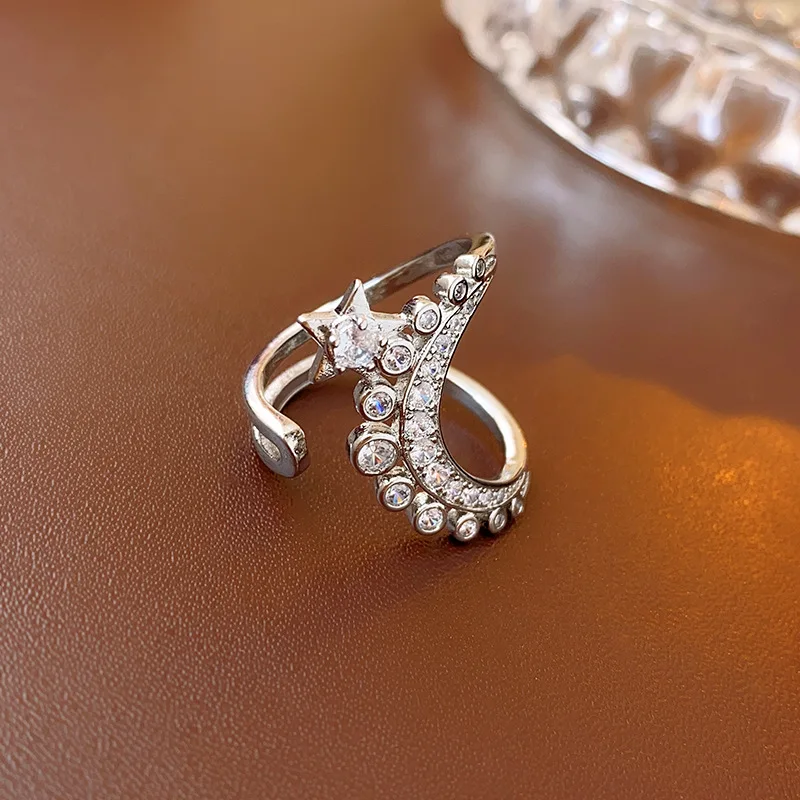 

Zircon Five-pointed Star Hollowed-out Women Rings Moon Double-layer Personality Open Ring New Jewelry Female