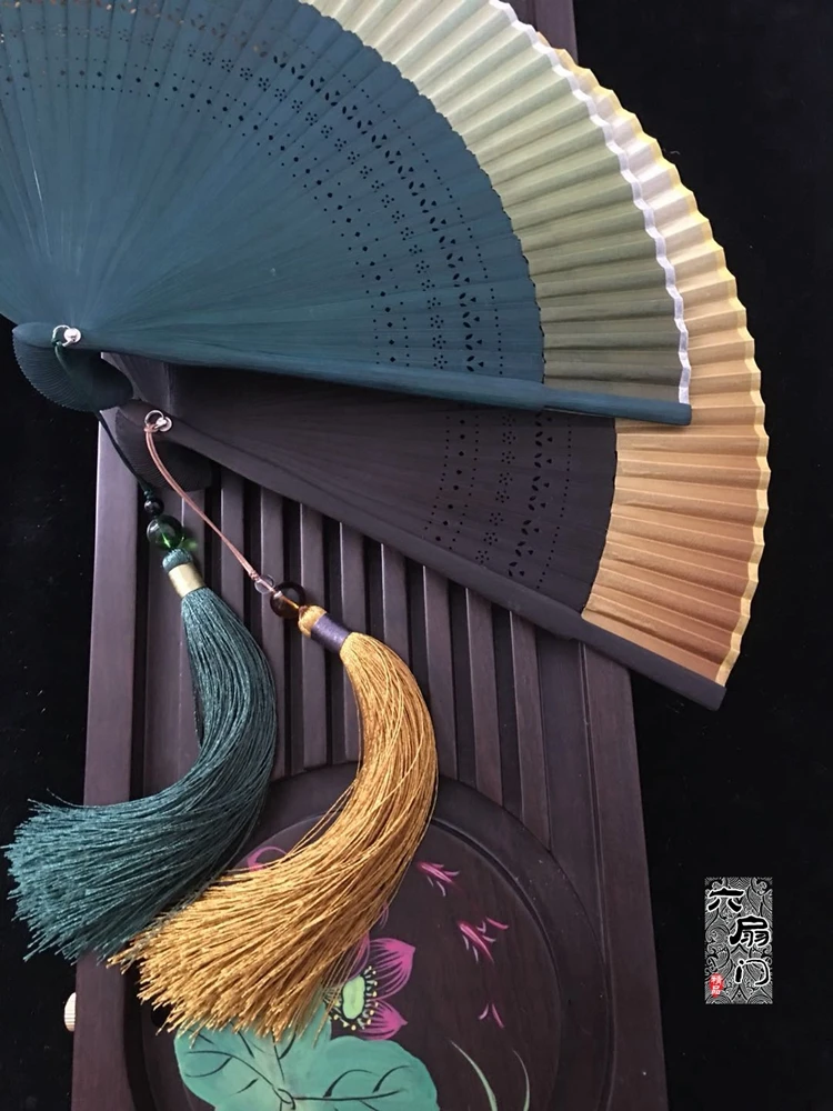 Edo Japanese Style Folding Fan Kimono Fan Real Silk Female Small Flower Carved Gradient Blank Golden