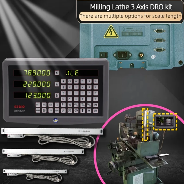 3 แกน DRO ชุด Digital Readout และ 3 ชิ้น 50-1000 มม.0.005 มม.Linear Scale Encoder Sensor สําหรับเครื่องกลึงโลหะเครื่อง 1