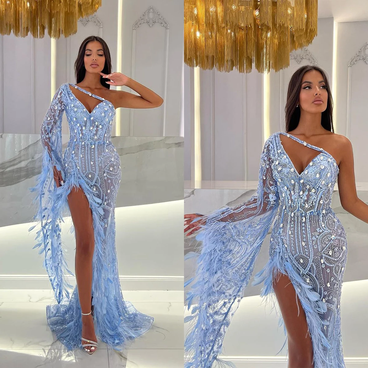 

Exquisite Evening Dresses Mermaid One Shoulder Lace Appliques Feathers Beads Court Gown Prom Dress Vestido De Noite Customized