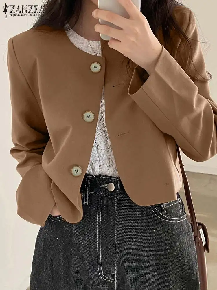 

ZANZEA Korean Vintage Blazer Long Sleeve O-Neck Coats Woman Elegant Office Cropped Outwear Casual Party Jackets Female Tops 2023