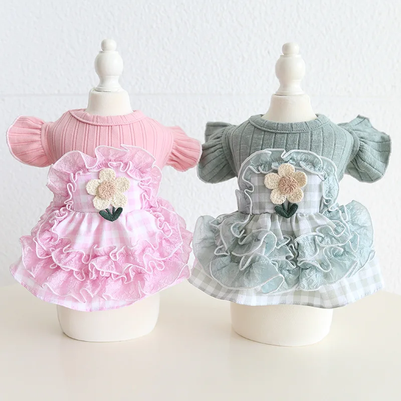 Spring/Summer Ruffled plaid Dress Embroidered Princess clothes forSmall Dogs Chihuahuas, Bichons outfit