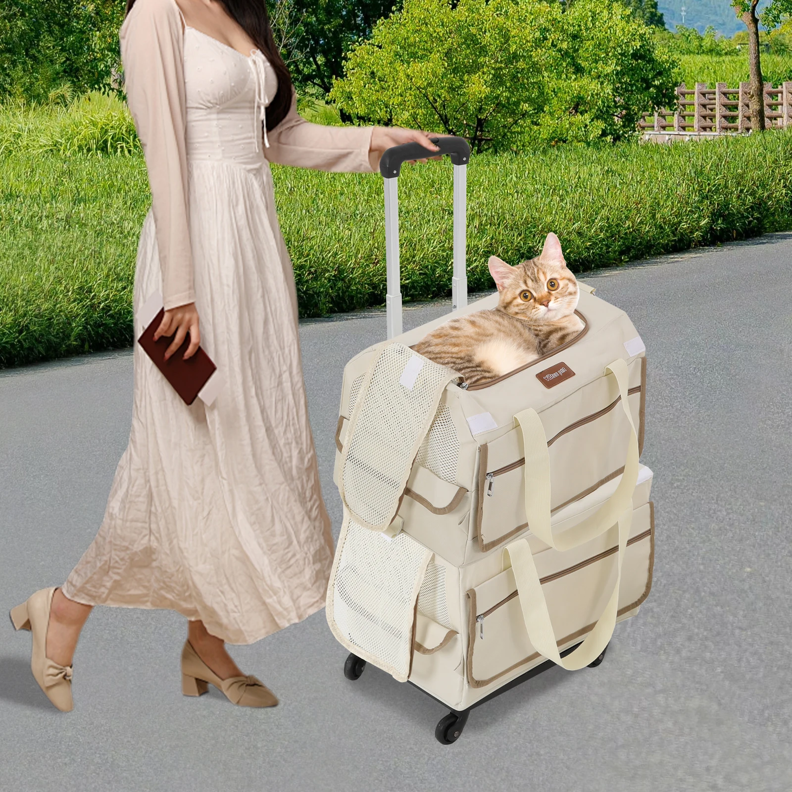 Double-Layer Rolling Pet Carrier – Trolley Suitcase with Mesh Windows for Cats & Dogs