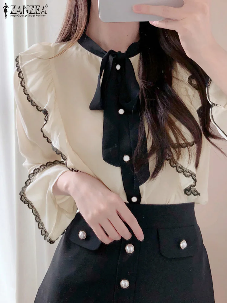 

ZANZEA Vintage Women Ruffles Shirt Elegant Bowtie Collar Blouse 2023 Autumn Long Sleeve Blusas Korean Fashion Solid Office Tunic