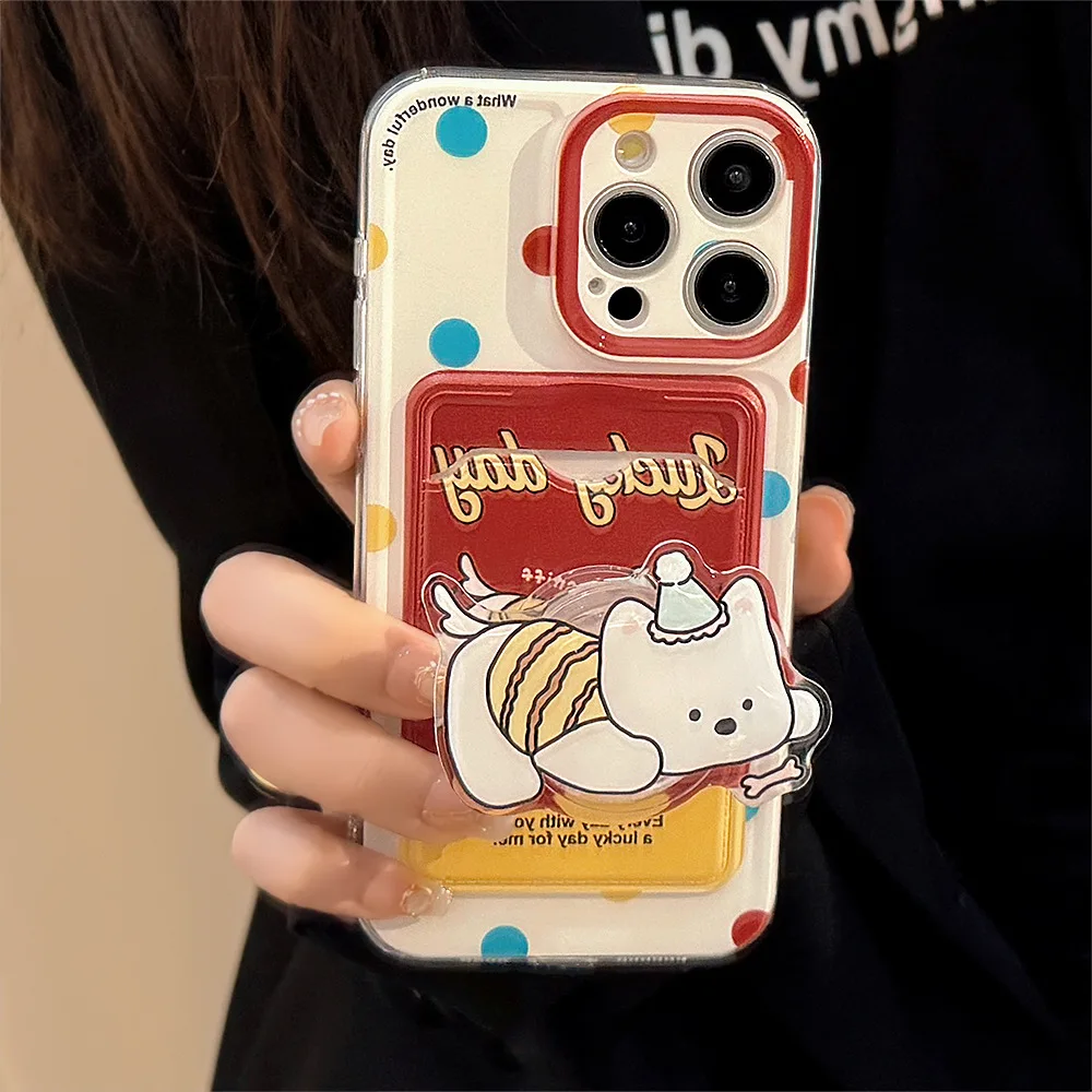 Chic Polka Dot Phone Case with Puppy Stand & Lanyard