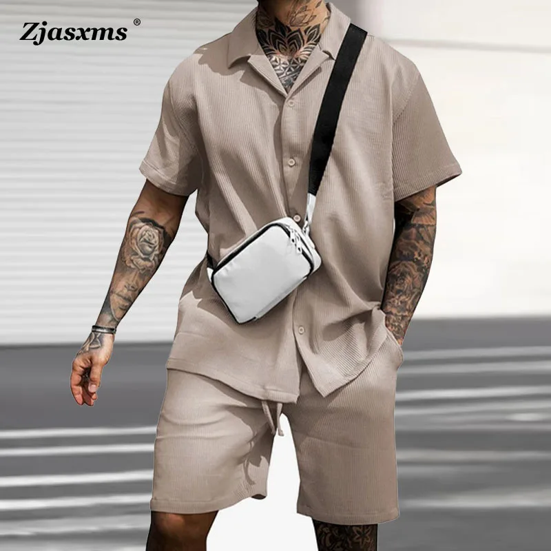 

Fashion Casual Lapel T-shirt and Drawstring Pant Suits Men Sportswear Pocket Clothing 2023 Men Summer Office Solid Two Piece Set