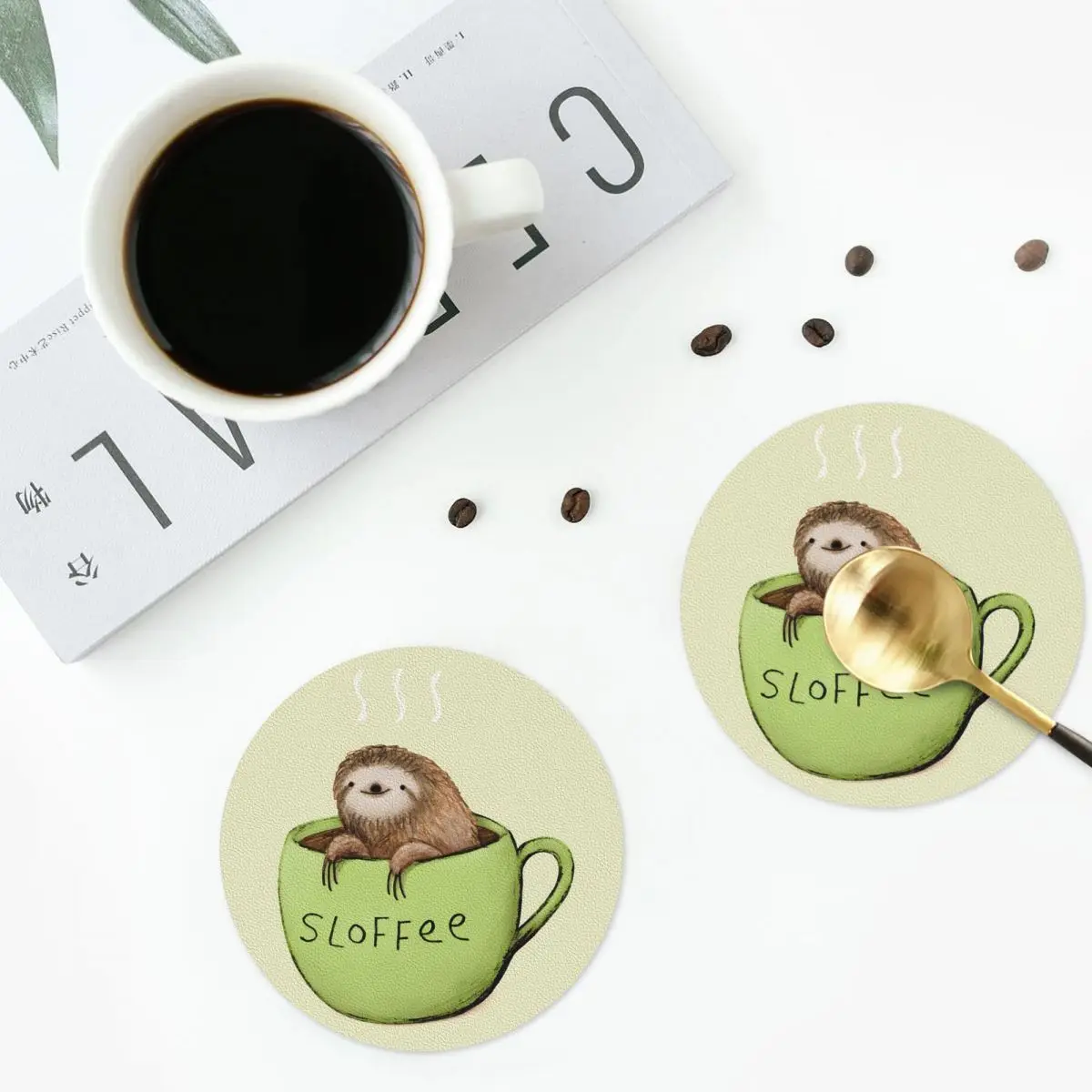 

Sloffee Coasters PVC Leather Placemats Non-slip Insulation Coffee Mats for Decor Home Kitchen Dining Pads 4 Shapes