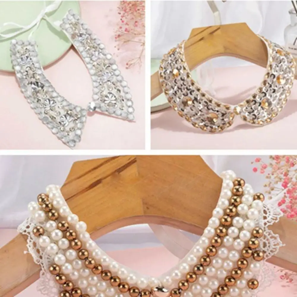

Faux Crystal Pearl Necklace Collar Elegant Fabric Detachable False Collar Vintage Lace Pearl Beaded Collar Necklace