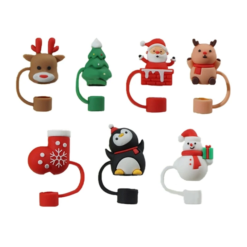 

7pcs Silicone Straw Cover Cap Christmas Theme Straw Toppers for 10mm Straws Cup