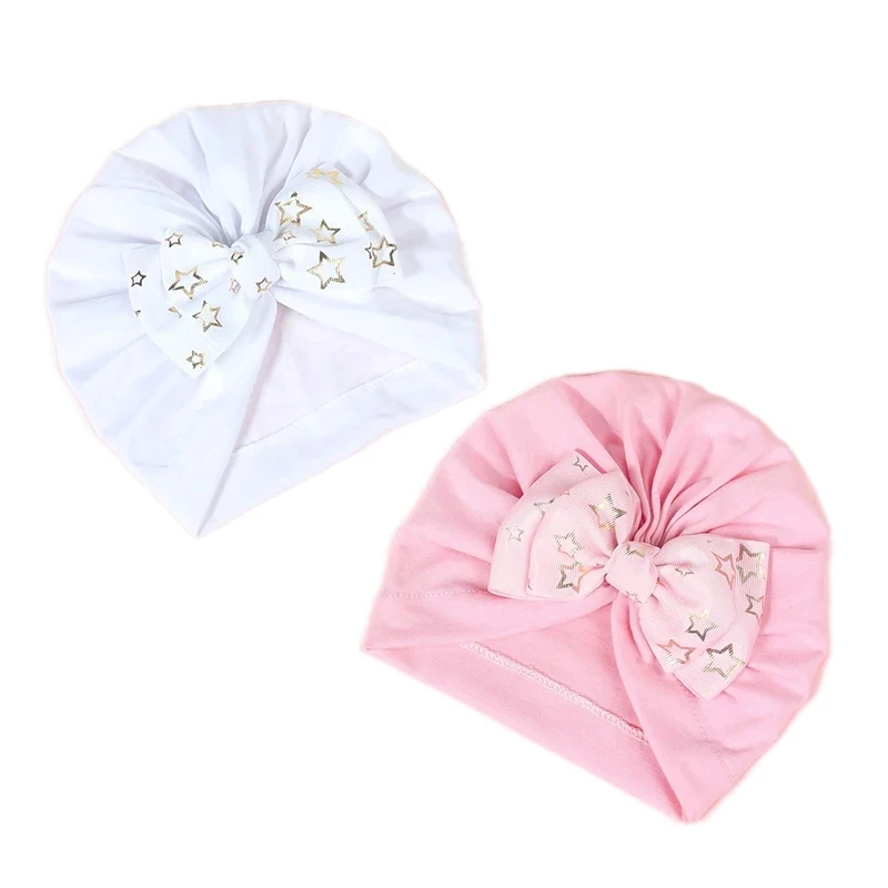 

Cute Shining Stars Bowknot Infant Indian Hat Soft Skin-friendly Cotton Baby Girl Caps Turban Fashion Handmade Bows Headwear