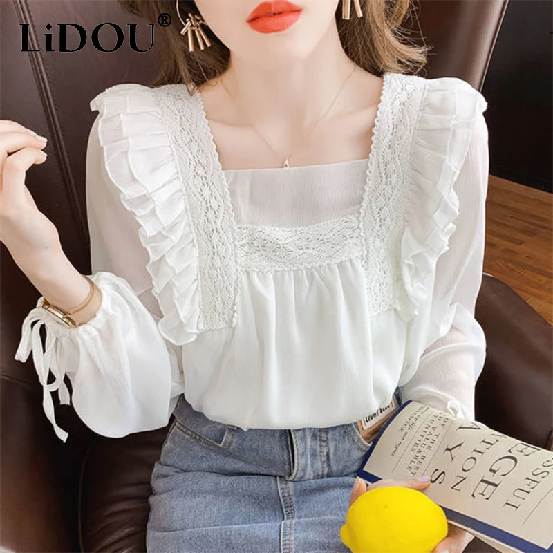 Spring Autumn Square Collar Ruffles Elegant Fashion Chiffon Shirt Women Lace Up Puff Sleeve Wild Blouse Lady Loose Casual Blusa free shipping sweden brand tot luxury women pure silk square scarf silk lady bandanna stripe simple design handkerchief