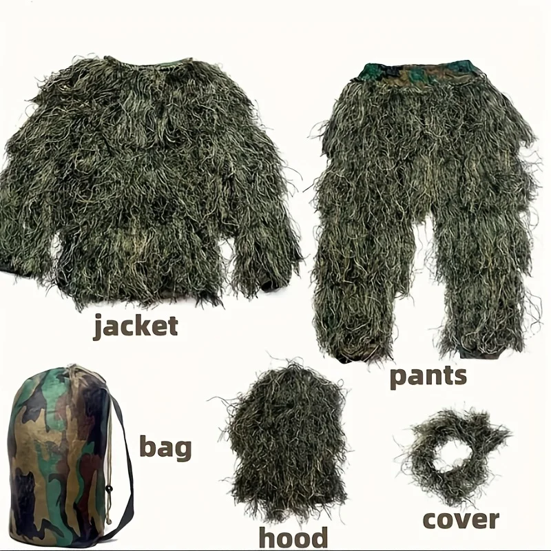 5-in-1 Camouflage Suit Outdoor Hunting Jungle Dry Grass Color Photography Bird Watching Cloth Adult Kids ghillie suit
