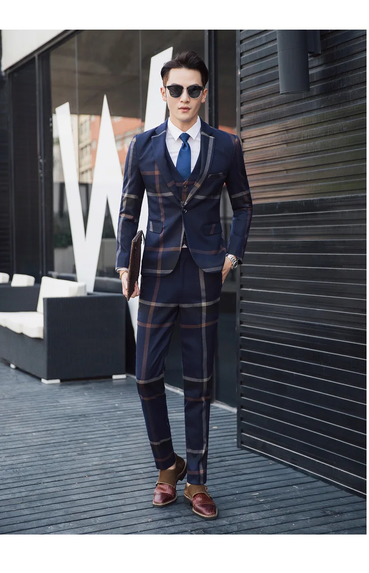 Men 3 Piece Suit Set British Style Plaid Blue Gray Wedding Dress Banquet Business Formal Fashion Male Suits (Blazer+ Vest +Pant)
