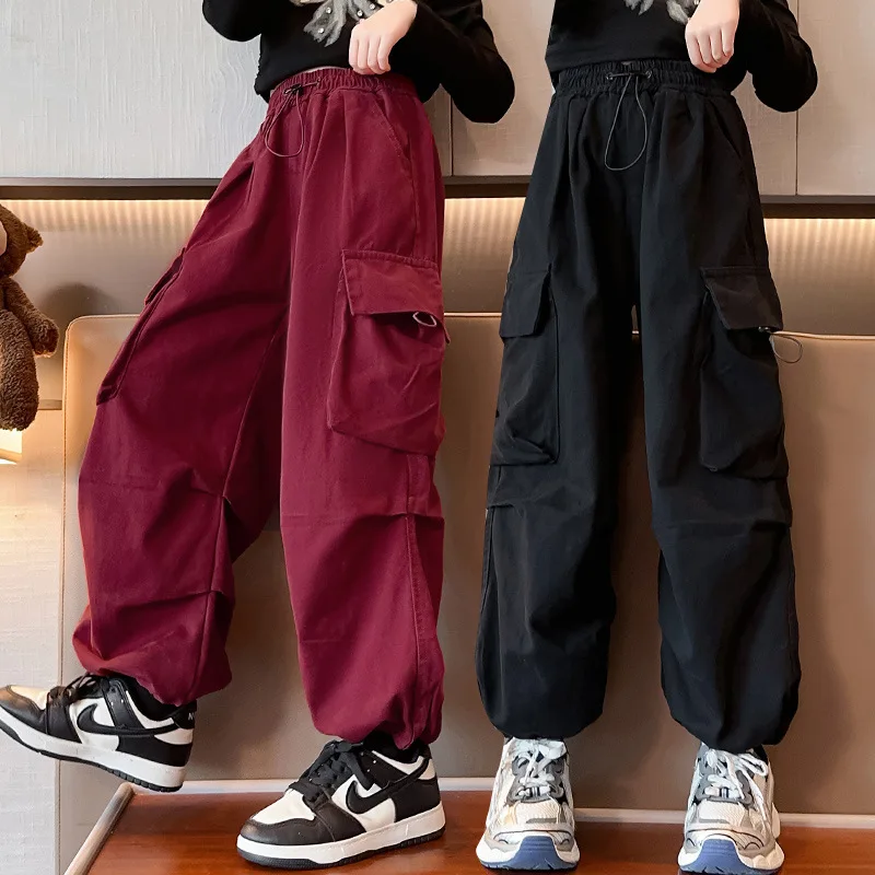 

Winter Teenage Girls Cargo Pants for Fleece Warm Thick Casual Loose Children Trousers Elastic Waist Big Pockets Kids Sweatpants