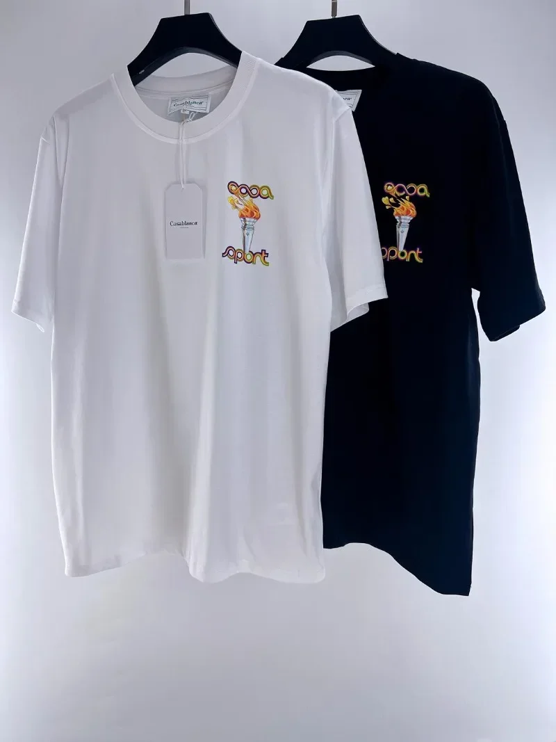 

Streetwear Round Neck Torch Printing Colorful Casablanca T Shirt Men Women Oversized Tee Top Black White T-Shirt with Tag