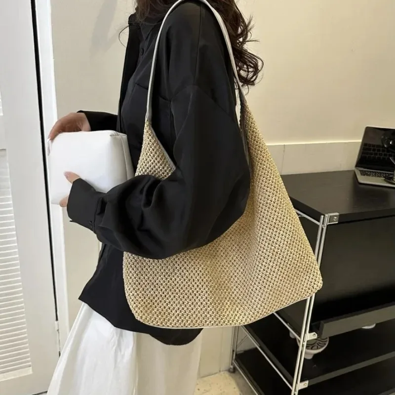 Women's Hollow Woven Shoulder Bags Large Capacity Knitting Underarm Bag Solid Crochet Tote Shopping Handbag Summer Beach Bag