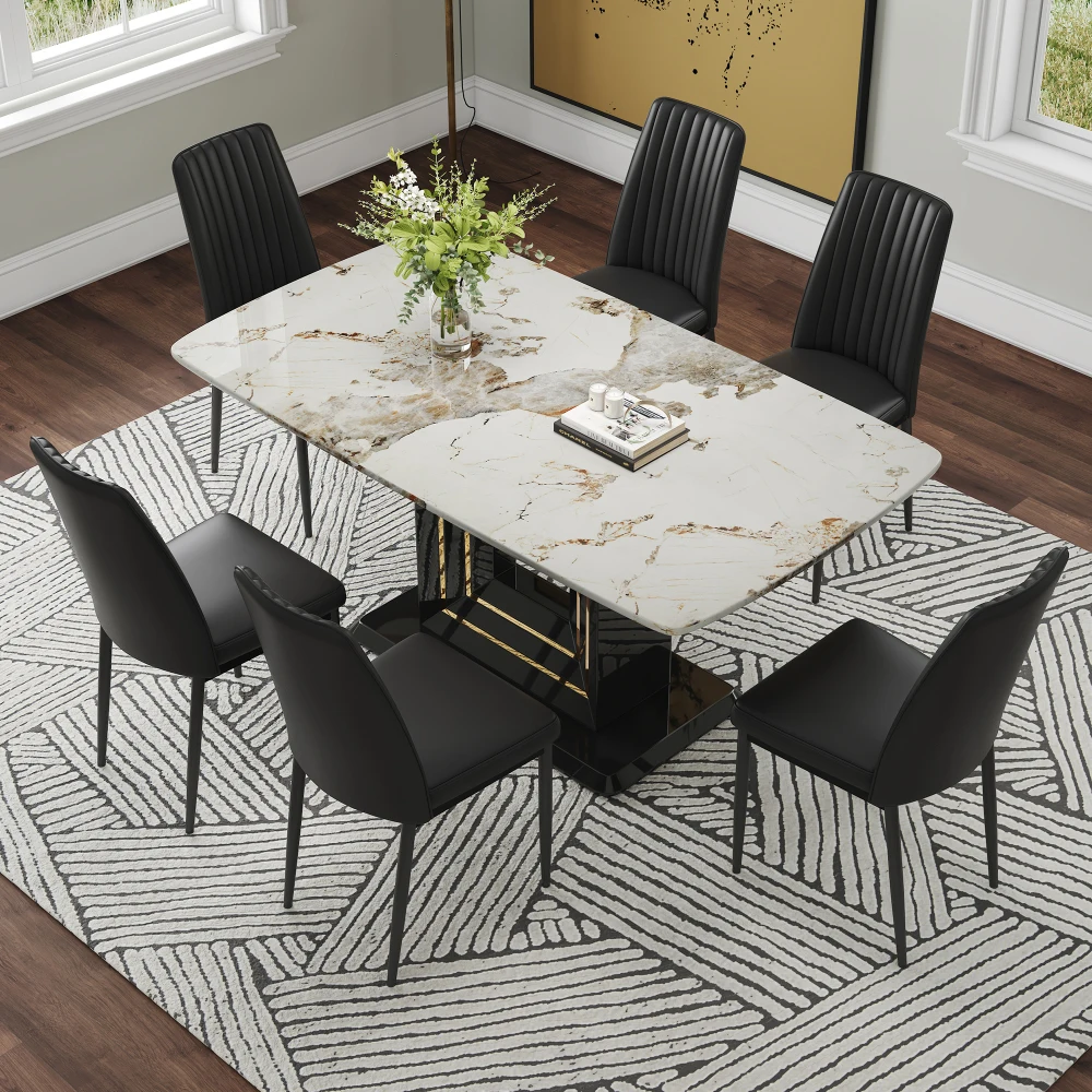 7 Piece Dining Table Set for 6,Faux Marble Top Dining Room Table, 6 PU Dining Chairs, for Room Kitchen, Black+White