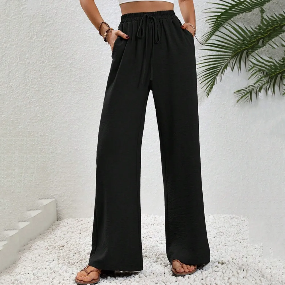 

Women Elastic Waist Casual Loose Solid Spring/summer Versatile Floor Mop Wide Leg Pants In Black Fashion Feminina Y2k Trousers