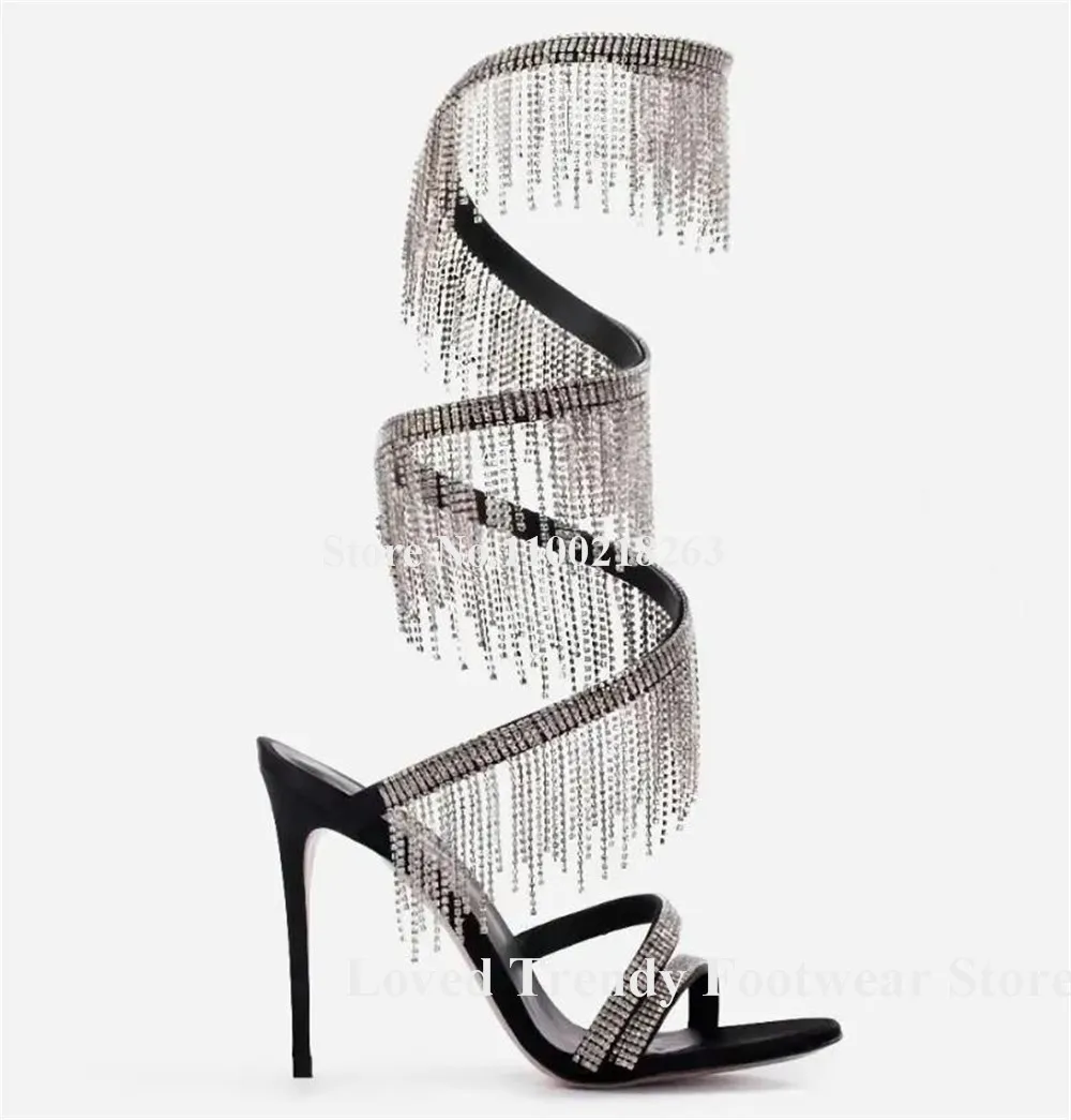 Bling Bling Rhinestones Tassels Snake Shaped Straps Thin Heel Gladiator Sandals Crystals Chains Stiletto Heel Sandals