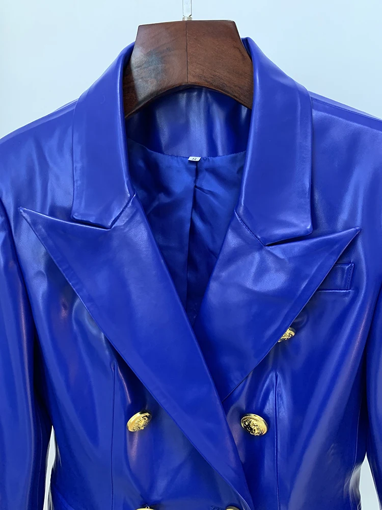 Trendy Double-Breasted Lion Button Blazer in Lake Blue