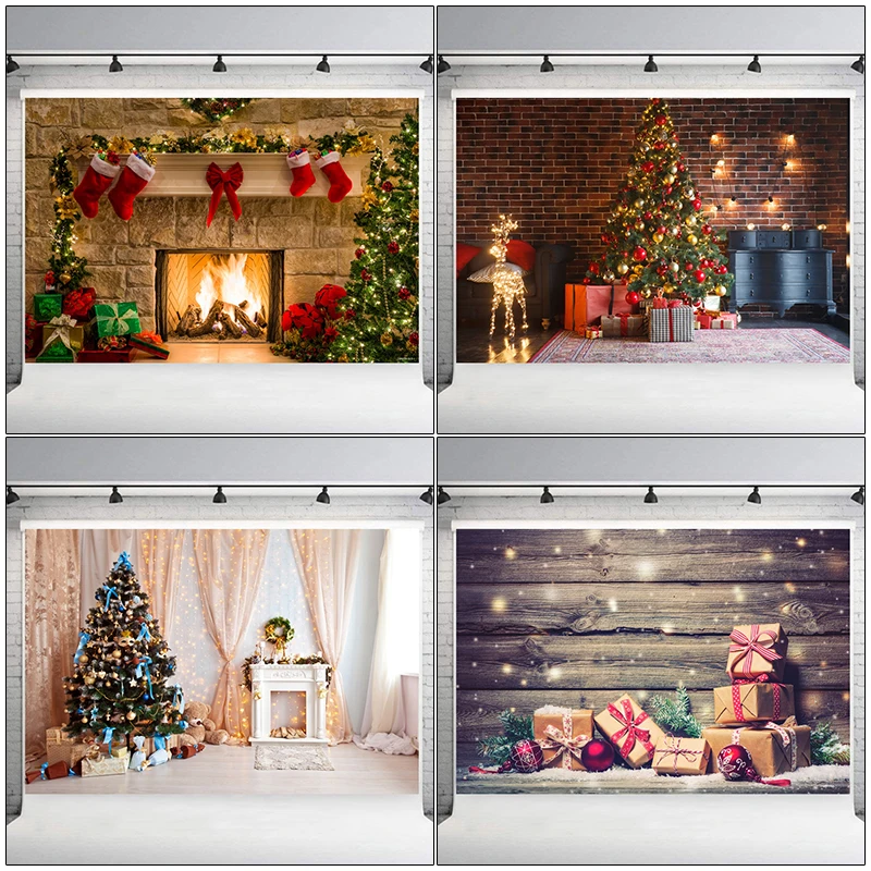 

Christmas Backdrop for Photography Winter Xmas Tree Snow Barn Wood Floor Window Fireplace Background Portrait Photo Studio