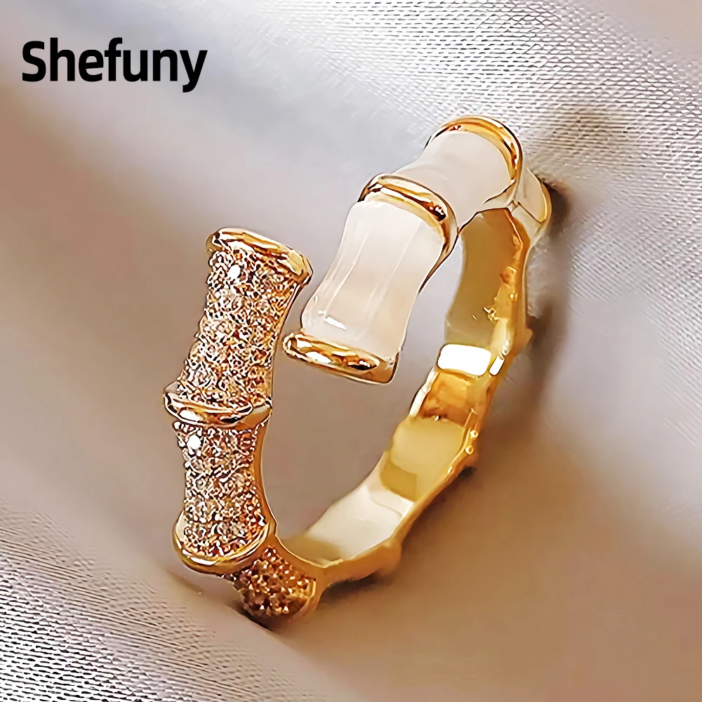 

925 Sterling Silver Bamboo Adjustable Finger Rings 18K Gold Plated Cubic Zirconia Open Size Rings For Women Fine Jewelry Gift